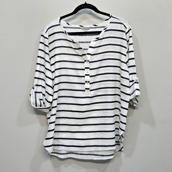 Hester & Orchard Tops - Linen Blend Stripe Shirt Top Women Large Coastal Grandma Nautical Split Neck Top